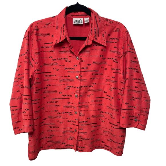 VTG Chico's Geometric Print Suede 3/4 Sleeve Button-Up Shirt Red Women Sz 2 L - Picture 1 of 10